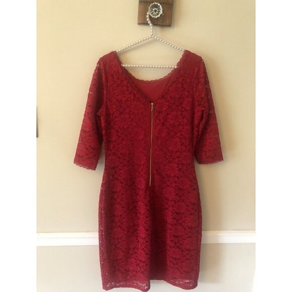 Laundry Shelli Segal Womens Size 10 Red Lace Sheath Dress 3/4 Sleeve - Picture 5 of 7